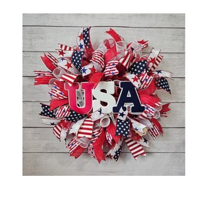 Handmade USA Patriotic Wreath - Fourth of July Decoration, Red White Blue Door Wreath, Summer Wreath, Memorial Day Decor, Americana Wreath