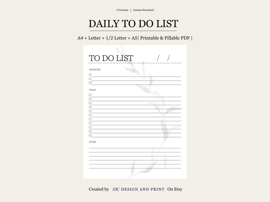 Minimalist Floral Daily to Do List Printable, Daily to Do List for Work ...