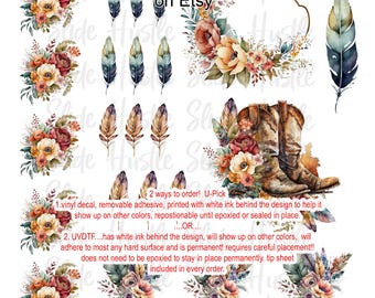 Tumbler Vinyl Decals, Boho Rustic Western Elements Printed Vinyl, Clear Cast with Spot White, Vinyl Element Sheet, V127 EL1