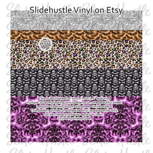 May include: A full sheet of 11.5x11.5 inch vinyl with four different Halloween-themed patterns. The patterns include a spiderweb, leopard print, skulls, and a damask design. The vinyl is 3D puffy and opaque white.