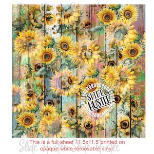 May include: A digital printable design featuring a woodgrain background with a repeating pattern of sunflowers. The text "Slide Hustle" is in a circle with a sunburst design. This design is 11.5 inches by 11.5 inches.