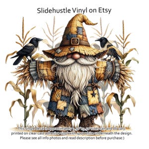 May include: A whimsical scarecrow gnome with a patchwork outfit and a straw hat, holding a crow on each arm. The gnome is standing in a field of corn stalks. This single decal is approximately 3.50"×3.50" sizes can and do vary. printed on clear cast adhesive vinyl with spot white underneath the design. Please see all info photos and read description before purchase:)