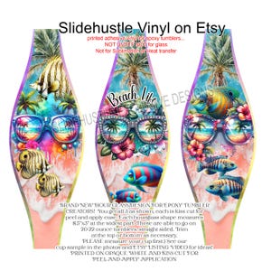 May include: Hourglass-shaped vinyl decals for epoxy tumblers. Each decal features a beach scene with sunglasses, tropical fish, and palm trees. The text "Beach Life" is visible on one of the decals. The decals measure 8.5" x 3".