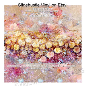 May include: A digital design featuring a colorful abstract pattern with gold accents. The design is printed on opaque white vinyl, measuring 11.5 inches by 11.5 inches. The design is for indoor use and is removable until sealed in place. The design is not seamless.