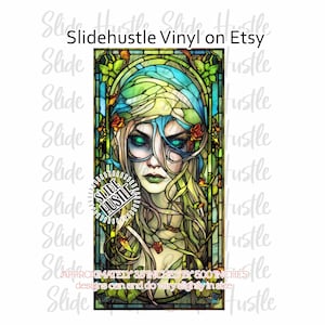 May include: A stained glass style illustration of a woman with long blonde hair and green eyes. The woman is wearing a blue and green head covering. The background is a green and brown stained glass design with roses. The image is approximately 3.5 inches by 5.0 inches.