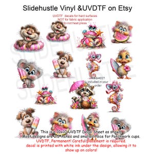 May include: A 10x10 inch UVDTF decal sheet featuring various cartoon animals, including an otter in a float, a crab, a cat eating watermelon, a dog with a popsicle, a seahorse, and a duck with a surfboard. The text says "Slidehustle Vinyl & UVDTF on Etsy".
