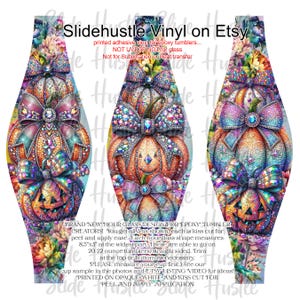 May include: Three vinyl decals for epoxy tumblers. Each decal features a pumpkin design with jeweled bows and floral accents. The text "Slidehustle Vinyl on Etsy" is at the top. Each hourglass shape measures 8.5" x 3" at the widest part.