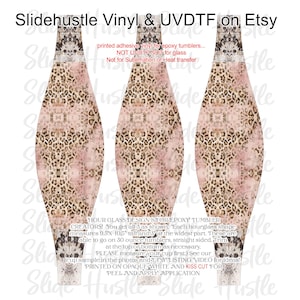 May include: Three hourglass-shaped vinyl decals for epoxy tumblers. Each decal features a pink and brown leopard print design. The text "Slidehustle Vinyl & UVDTF on Etsy" is at the top. The decals measure 9.5" x 10.5" tall and 3" at the widest part.