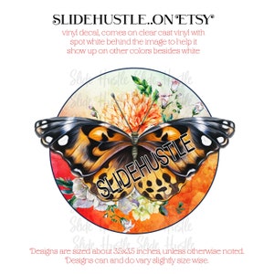 May include: A watercolor illustration of a butterfly with orange, black, and white wings. The butterfly is surrounded by flowers in shades of pink, white, and yellow. The background is a watercolor wash of orange and red. The text "SLIDEHUSTLE" is superimposed on the image.