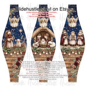 May include: Hourglass-shaped vinyl for epoxy tumblers with a Christmas theme. The design features illustrations of angels, the nativity scene, and the three wise men. Each vinyl measures 8.5" x 3" at its widest part. The text "Slidehustle Vinyl on Etsy" is visible.