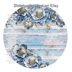 May include: A round vinyl decal with a blue and white floral design on a woodgrain background. The text "Slidehustle Vinyl on Etsy" is at the top of the image. The text "CHOOSE FROM 2 SIZES for the ROUND Vinyl Sheets 10.50 approximately OR 9.5 approximately PRINTED VINYL IS NOT INTENDED FOR GLASS OR HEAT TRANSFER" is at the bottom of the image.