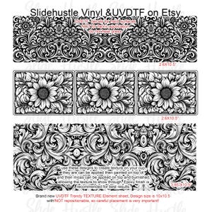 May include: Black and white UVDTF decals for hard surfaces. The design includes floral and sunflower patterns, with text that reads "Slidehustle Vinyl & UVDTF on Etsy." The sheet size is 10x10.5 inches. Not for fabric application, do not heat press.