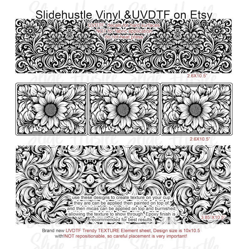 May include: Black and white UVDTF decals for hard surfaces. The design includes floral and sunflower patterns, with text that reads "Slidehustle Vinyl & UVDTF on Etsy." The sheet size is 10x10.5 inches. Not for fabric application, do not heat press.