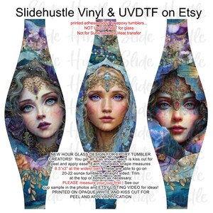 May include: Three hourglass-shaped adhesive vinyl decals for epoxy tumblers featuring portraits of individuals with blue eyes and ornate gold headpieces. The text includes Slidehustle Vinyl & UVDTF on Etsy and instructions stating each measures 8.5 inches by 3 inches at the widest part.