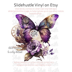 May include: Purple and gold steampunk butterfly with floral accents. The butterfly has gears and cogs on its wings. The image is approximately 3.5 inches by 3.5 inches.
