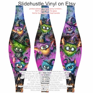 May include: Three vinyl decals for epoxy tumblers, featuring whimsical Halloween owl-like creatures with witch hats and bat wings. The decals are printed on white vinyl and are kiss-cut for easy application. The text "Slidehustle Vinyl on Etsy" is at the top.