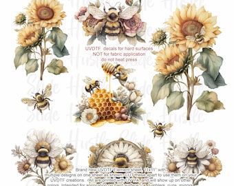 UVDTF Element Sheet,  Sunflowers and Honeybees, UVDTF decal sheet, NOT for heat transfers, VF733 ES8