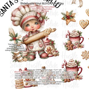 May include: A sheet of UVDTF decals featuring a Christmas theme. The main image is a cartoon chef girl holding a rolling pin. Other designs include gingerbread men, mugs of hot chocolate, and star-shaped cookies. The sheet measures 11x11 inches.