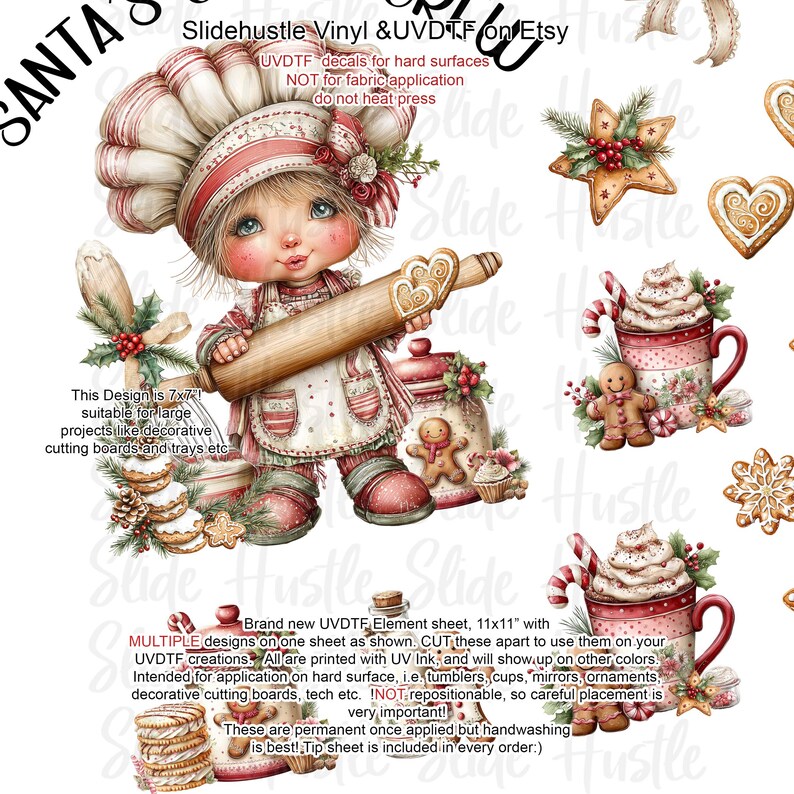 May include: A sheet of UVDTF decals featuring a Christmas theme. The main image is a cartoon chef girl holding a rolling pin. Other designs include gingerbread men, mugs of hot chocolate, and star-shaped cookies. The sheet measures 11x11 inches.