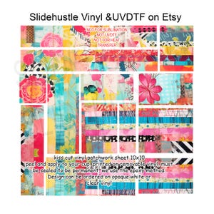May include: A colorful patchwork vinyl sheet with floral and abstract patterns. The sheet is 10x10 inches and designed for cups. Text on the image reads "Slidehustle Vinyl & UVDTF on Etsy" and instructions for application.