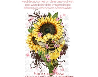May include: A jumbo decal featuring a bee with honeycombs and sunflowers. The decal is 3.5 inches by 5.5 inches.