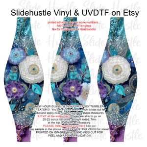 May include: Three hourglass-shaped adhesive vinyl decals for 20-22 ounce tumblers, featuring a floral design in shades of teal, blue, purple, and white with glitter accents. Text includes Slidehustle Vinyl & UVDTF on Etsy and product details.