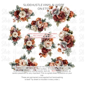 May include: A collection of floral decals featuring clusters of roses and peonies in shades of deep red, burnt orange, cream, and muted green. The sheet includes text: SLIDEHUSTLE VINYL & UVDTF ON ETSY, printed adhesive vinyl for epoxy tumblers, and 11x11 design.