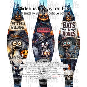 May include: Halloween-themed tumbler wraps featuring spooky witch and skeleton designs with text that reads "Witches Welcome", "Spooktacular", and "Bats & Bones". Each wrap is 10.5 inches tall and 3 inches wide, designed for 30-ounce tumblers.