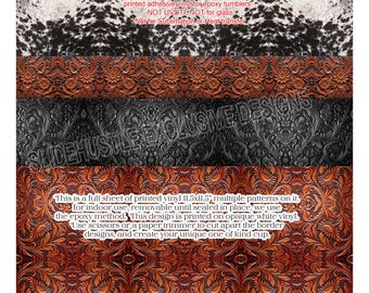 Western Printed Adhesive Vinyl Sheet, Embossed leather and Cowhide removable vinyl, 11.5x11.5" VF730 FSB6, Indoor Use