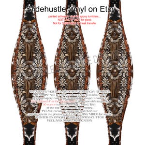 May include: Hourglass-shaped vinyl decals for epoxy tumblers. The design features a detailed, ornate pattern in shades of brown, white, and black. The text on the image reads "Slidehustle Vinyl on Etsy" and product details.