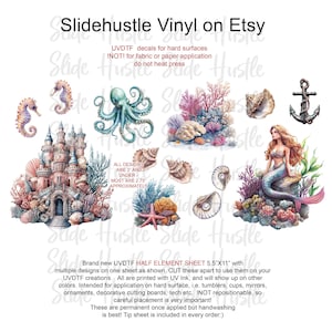 May include: A sheet of UVDTF decals featuring various marine-themed designs, including a mermaid, seahorses, an octopus, seashells, coral, and an anchor. The text "Slidehustle Vinyl on Etsy" is at the top. The sheet measures 5.5" x 11".