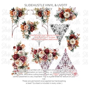 May include: A sheet of adhesive vinyl decals featuring floral arrangements of roses in shades of red, orange, and cream, combined with black spiderweb and gothic arch patterns. Text includes SLIDEHUSTLE VINYL & UVDTF ON ETSY and instructions regarding application on hard surfaces like tumblers, cups, and mirrors, noting the 11x11 inch design size and permanent adhesive nature.