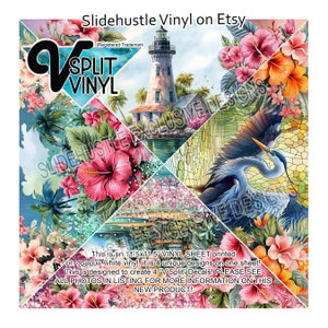 May include: A 11.5x11.5 inch vinyl sheet with four unique designs printed on opaque white vinyl. The designs include a lighthouse, a heron, and hibiscus flowers. This sheet is designed to create four "V Split" decals.  "Slidehustle Exclusive Designs" is printed on the sheet.