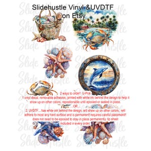May include: A collection of nautical-themed vinyl and UV DTF decals. Designs include a basket of seashells, a beach scene with crabs, starfish, and a dolphin leaping from the ocean. Text reads "Slidehustle Vinyl & UV DTF on Etsy."