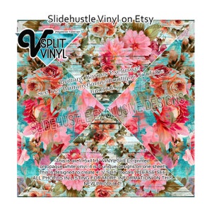 May include: A digital download of a 11.5x11.5 inch vinyl sheet with four unique floral designs on a turquoise and white woodgrain background. The designs are perfect for creating four "V Split" decals. The text "Slidehustle Exclusive Designs" is printed on the sheet.
