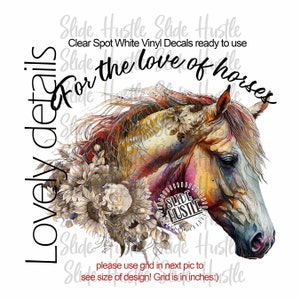 May include: A watercolor painting of a horse's head with a floral arrangement. The horse is a light brown color with a white mane and tail. The flowers are a variety of colors, including white, yellow, and pink. The text "Slide Hustle" and "For the love of horses" is visible in the image.
