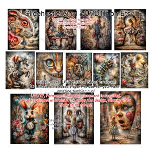 May include: An 11x11 inch UVDTF decal sheet featuring various Alice in Wonderland-themed designs. The sheet includes images of the White Rabbit, Cheshire Cat, and Alice. The decals are designed for hard surfaces and are printed with white ink.