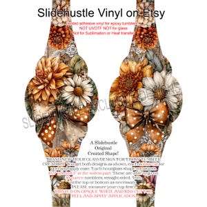May include: Two hourglass-shaped vinyl decals for epoxy tumblers. The design features fall-themed flowers, a polka-dot bow, and the text "Slidehustle Vinyl on Etsy". Each decal measures 10.5 inches tall and 3 inches at the widest part.