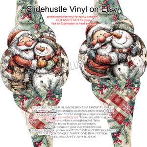May include: Hourglass-shaped vinyl decals featuring Santa Claus and a snowman, designed for epoxy tumblers. The decals are 10.5 inches tall and 3 inches wide, with a kiss-cut design for easy peel and apply. The text on the image says "Slidehustle Vinyl on Etsy".
