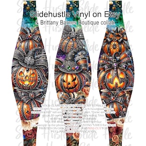 May include: Three Halloween-themed tumbler wraps featuring detailed pumpkin designs with jack-o'-lantern faces, bows, and witch hats. The wraps are approximately 10.5 inches tall and 3 inches wide, designed for 30-ounce tumblers. Text on the wraps reads "Slidehustle Vinyl on Etsy".