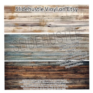 May include: A digital download of wood grain patterns for use on tumblers. The patterns are available in both opaque white and clear vinyl. The image shows a variety of wood grain patterns with a rustic, weathered look. The text "Slidehustle Vinyl on Etsy" is at the top of the image. The text "Brittany Barnes Boutique and Slidehustle Exclusive!" is in the middle of the image. The text "Featured in a Video Tutorial on YouTube on Brittany Barnes Boutique Channel!" is also in the middle of the image. The text "this is a single sheet as shown... or there is a design bundle link in description.of the featured collection." is at the bottom of the image. The text "cut-these borders apart..and use them on your tumbler creations, you get multiple different patterns on one full size 11.5" sheet, you can choose opaque white OR clear vinyl, please be aware on the clear vinyl for these designs, what is underneath will show through the clear vinyl." is at the bottom of the image.
