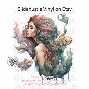 May include: A watercolor illustration of a mermaid with long flowing hair, surrounded by coral and fish. The design measures approximately 3.5 inches by 3.5 inches.