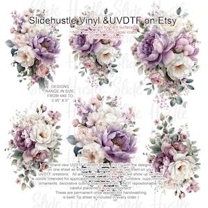 May include: A sheet of UVDTF decals featuring floral designs in shades of purple, white, and pink. The designs range in size from 4x6 inches to 3.95 x 5 inches. The text on the sheet reads "Slidehustle Vinyl & UVDTF on Etsy".
