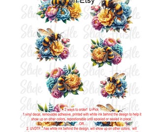 Bumble Bees and Flowers, Bees and Flowers Element Sheet, Clear Spot White Vinyl or UV DTF, NOT for heat transfer, VF718ES5