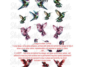Colorful Hummingbirds Element Sheet, Clear Spot White Vinyl or UV DTF,  Not for heat transfer, Epoxy Craft Vinyl, VF714 505ES2