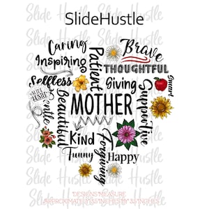 May include: A heart-shaped word cloud with the word "MOTHER" in the center. The words surrounding "MOTHER" are positive adjectives describing a mother, such as "caring", "brave", "patient", "thoughtful", "giving", "supportive", "beautiful", "gentle", "kind", "funny", "happy", and "forgiving". The word cloud is decorated with colorful flowers and a red apple.