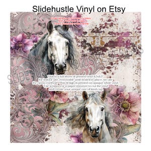 May include: A full sheet of printed vinyl featuring two white horses with flowing manes, surrounded by pink flowers and ornate scrollwork. The text "Slidehustle Vinyl on Etsy" is at the top. The sheet measures 11.5 x 11.5 inches.