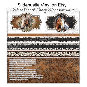 May include: Slidehustle Vinyl on Etsy, Glaze Ranch-Stacy Glaze Exclusive Designs.  This digital download includes vinyl decals for tumblers.  The design features a brown and white horse portrait with a black and white animal print border.  The text in the image reads: "This is a full sheet 11x15 inches on opaque white adhesive vinyl - indoor use - no permanent until scaled in place, we use the epoxy method on our tumblers. 3D effects in the leather shown, unique one of kind design. You get - 1 large border, 2 medium borders and smaller borders as shown, cut these apart to use on your tumbler creations! The two horse portraits are "kiss cut" - peel off the backing and apply to your cup. No transfer tape needed - we use the hinge method to apply, see video in my FB group Slide Hustle!"