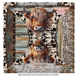 May include: A vinyl sheet featuring a Highland cow design, with the text "Slidehustle Vinyl on Etsy." The sheet is 11.5 x 11.5 inches and includes four unique designs for tumbler decals. The design includes a cow with brown fur and rhinestone accents.