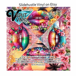 May include: A 11.5x11.5 inch vinyl sheet with four unique designs featuring colorful lips with flowers and a sunset scene. The sheet is printed on opaque white vinyl and is designed to create four "V Split" decals. The text "Slidehustle Exclusive Designs" is printed on the sheet.